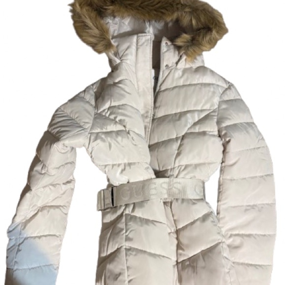 Y2K GUESS Women's Off-White Puffer Jacket with Faux Fur Trim